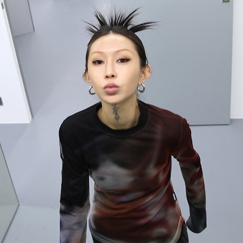 Women's T-Shirt Karrcat Cyber Y2k Mesh Tops Grunge Gradient Print T-shirt Irregular Tie Dye Chic T Shirt Korean Fashion Harajuku Streetwear 00s 2