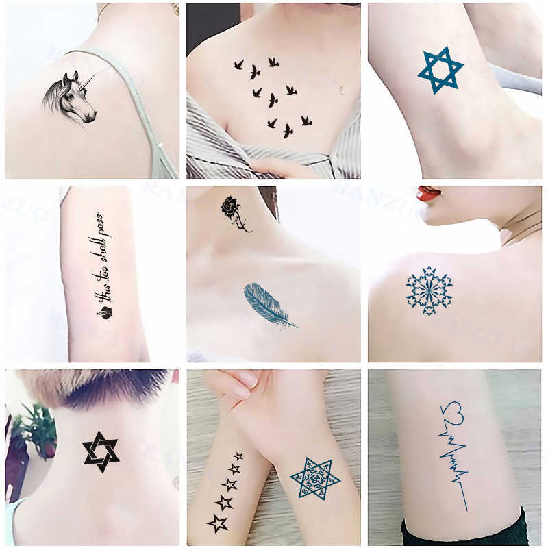 Temporary Tattoos Waterproof Temporary Tattoo Sticker Black English Letters Stars Feathers Waves Men and Women Art Tattoo Chest Neck Arm Tattoo Z0403