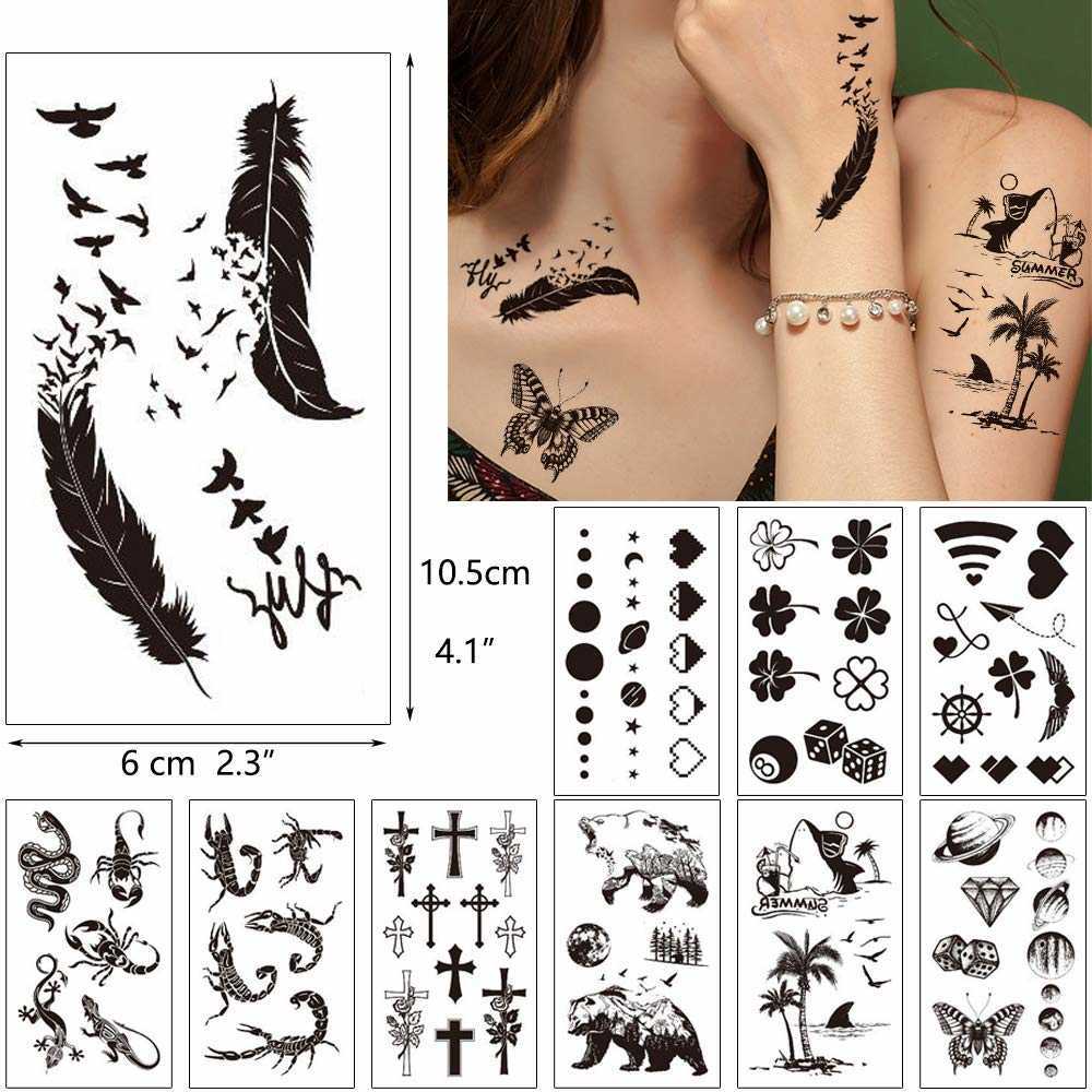 Temporary Tattoos 30 Sheets Waterproof Black Tiny Tattoo Feather Women Body Hand Art Drawing Temporary Tattoo Stickers Men Finger Words Tatto Face Z04