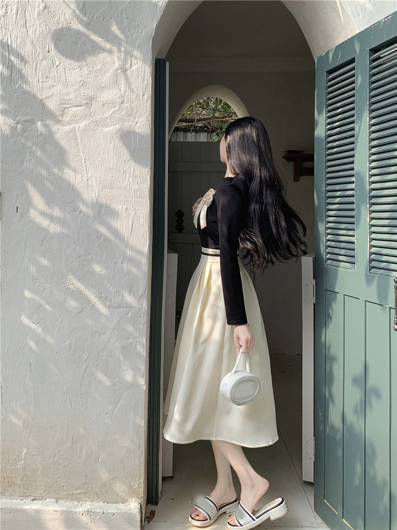 Womens square collar bow patched long sleeve color block high waist midi long a-line dress SML