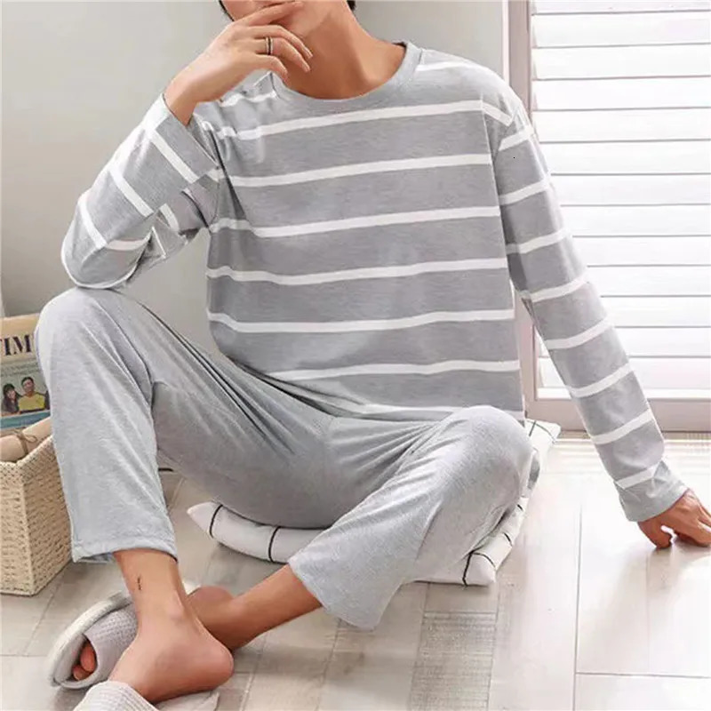 Men's Sleepwear 6 Colors Stripe Lattice Letter Print Men Top Pants Nightwear Set Soft Oneck Long Sleeve Sleeping Resting Home Party Pajama 231102
