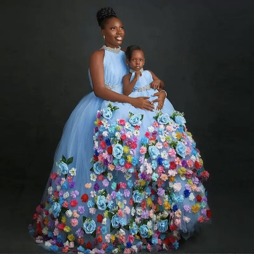 Blue Flower Light Girl Dress For Weddings Jewel Neck D Floral Beading Tulle Birthday Gowns Pageant First Communion Wear