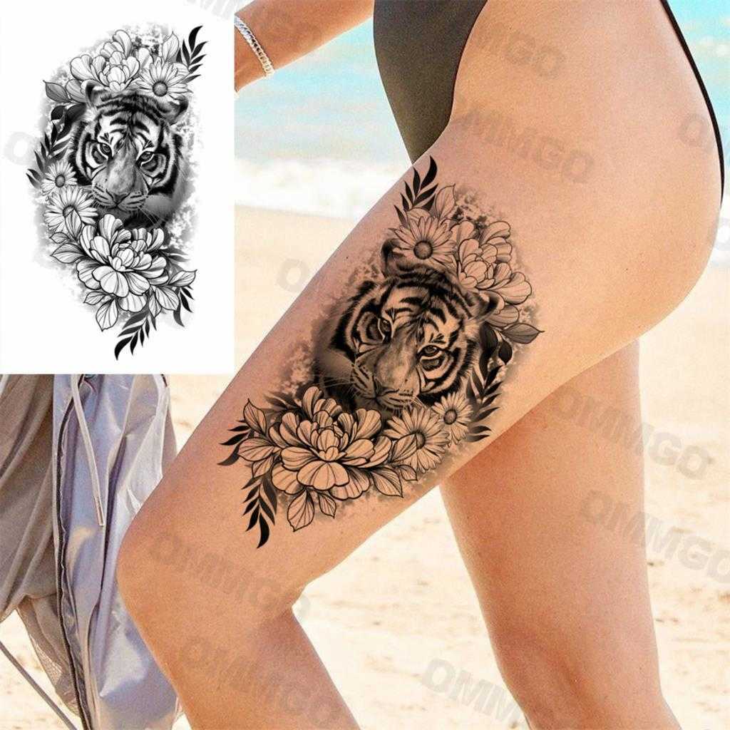 Temporary Tattoos Realistic Daisy Tiger Thighs Temporary Tattoos For Women Adult Girl Rose Flower Snake Fake Tattoo Body Art Painting Tatoos Decal Z04