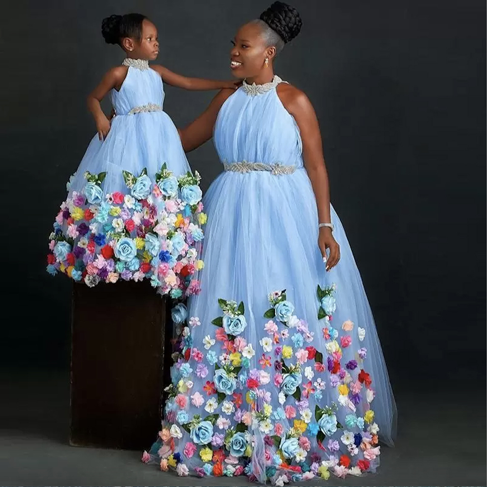 Blue Flower Light Girl Dress For Weddings Jewel Neck D Floral Beading Tulle Birthday Gowns Pageant First Communion Wear