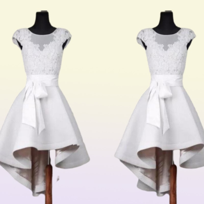 White Short Prom Dresses Bateau Sheer Neck Cap Short Sleeves High Low Designer satin A line Bows Applique Homecoming Cocktail Part