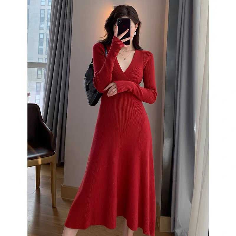 Maternity Dresses 204# Autumn Winter Dense Knitted Maternity Sweaters Dress Elegant V Neck A Line Slim Clothes for Pregnant Women Pregnancy Ins Z0403