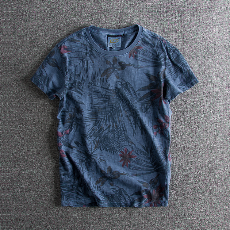 Men's T-Shirts Rewashed Vintage Beach Leaf Print Full Match Fashion Men's Summer Round Neck Short Sleeve 100% Cotton T-shirt 230403