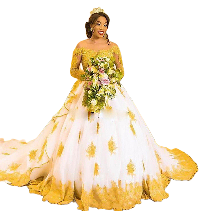 African White And Gold Lace Wedding Dress Long Sleeves Beaded Appliques Skin Tulle Black Girls Bridal Gowns 2023 Chapel Train Ball Gown Vestido de Nov