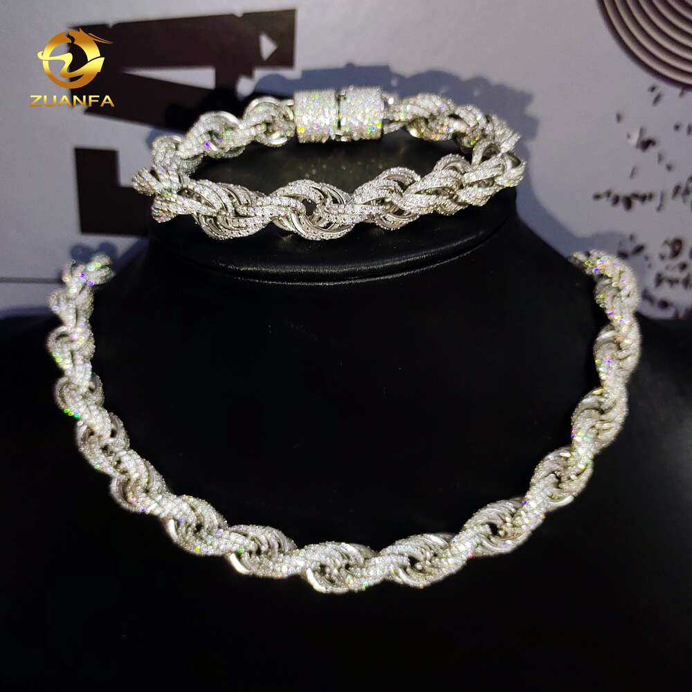Zuanfa big size chain fashion sier jewelry 10mm vvs moissanite rope bracelet necklace for men and women