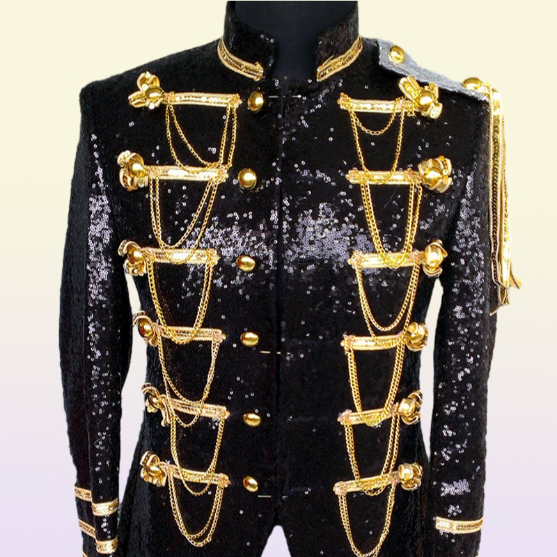 Men Court Jacket Singer Dancer Sequins Metal Chains Military Uniform male Stand Collar Stage Blazer Prom Party Shining Coat Bar Star Concert Nightcb C