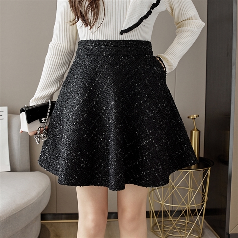 Skirts Black Tweed Women's High Waist A-line Shorts Mini Ski Autumn Vintage Korean Wool Ski Shorts Pocket Boots N069 230403