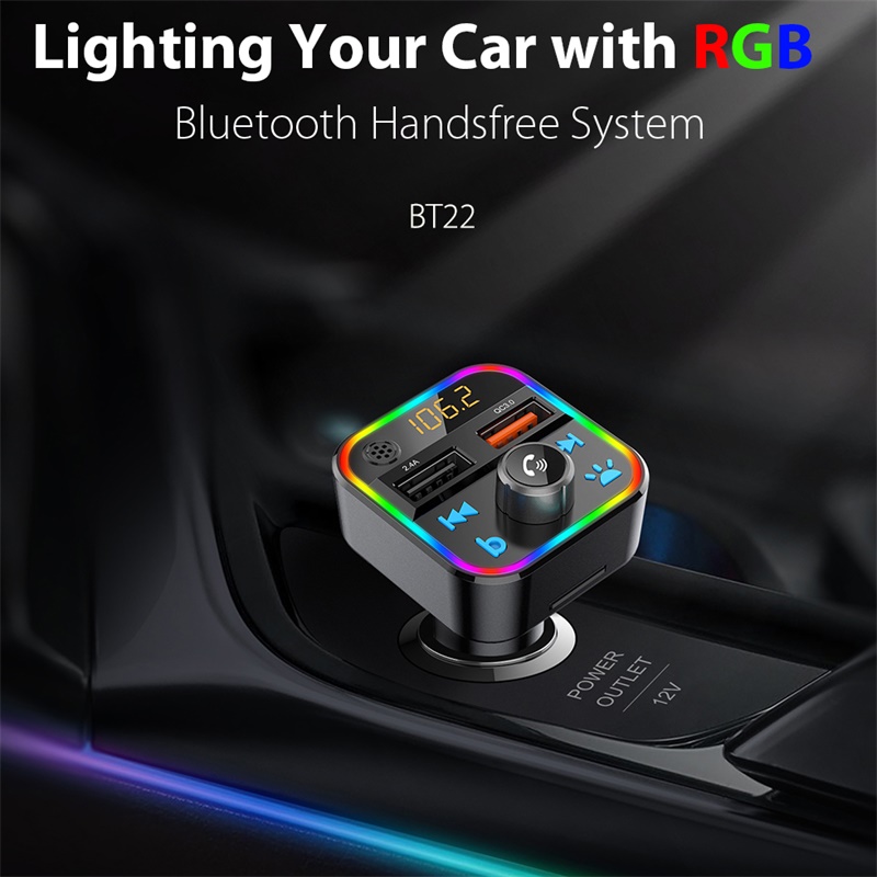 Car Bluetooth Phone Power Bank FM Transmitter Kit QC3.0 & 7 Color LED Backlight Radio Hands-Free Car Kit With SD Card Slot