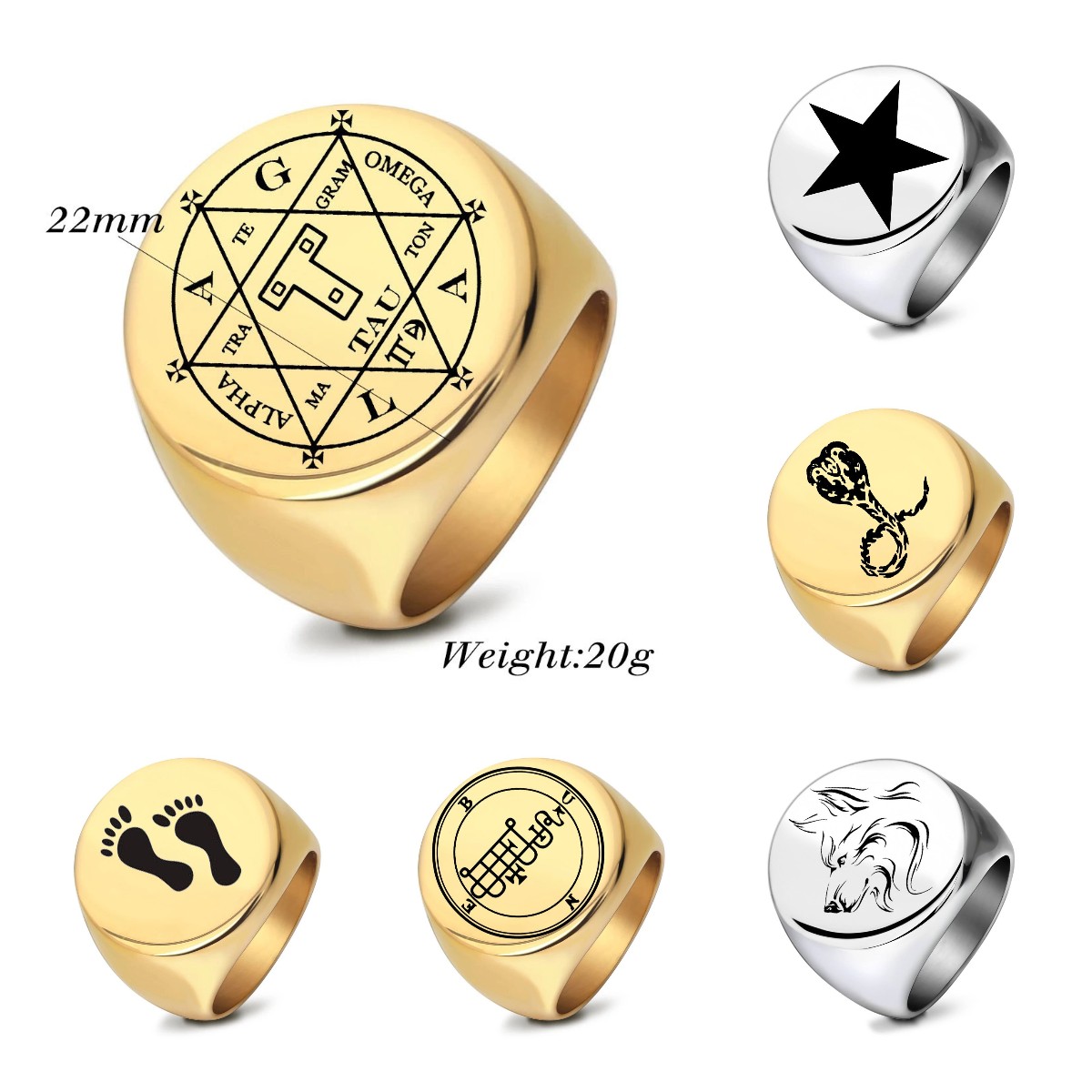 New Titanium Stainless Steel Round Finger Band Ring Pentagram Snake Foot Print Wolf Silver Gold Color Rings for Men Hip Hop Punk Rock Birthday Gift Wh