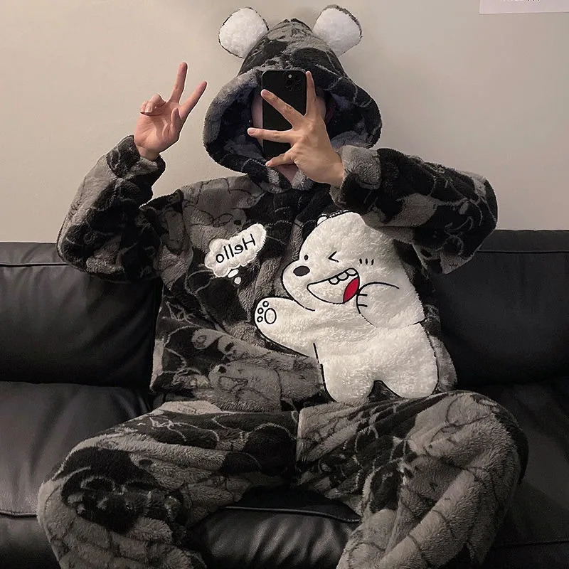 Men's Sleepwear 2023 Autumn Winter Coral Plush Thickened Loungewear Cartoon Enlarged Size Student Warm Homewear Set 231102Z