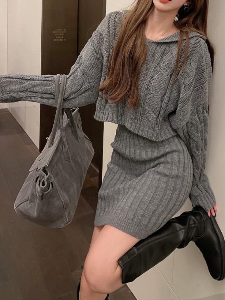Two Piece Dress HELIAR Women Ribbed Skirts Sets Knitted Hooded Sweater And High Waist Bodycon Skirt Two Pieces Sets Women Autumn Winter 230403