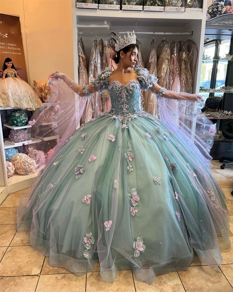 Princess Sweetheart Ball Gown Quinceanera Dresses Beaded Celebrity Party Gowns D Flowers Graduation Lantern Sleeve Vestido De S