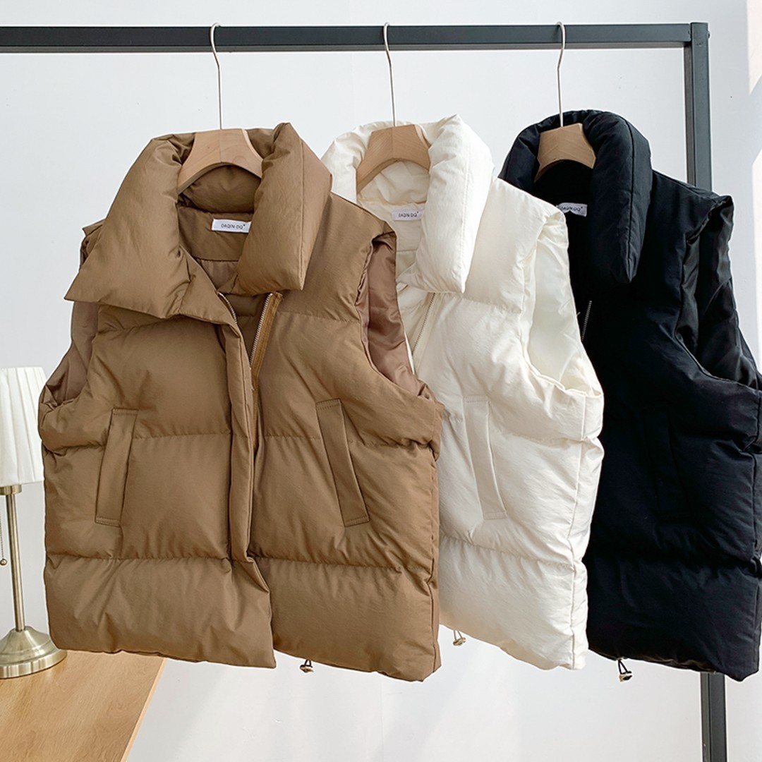 Women's Vests Winter Women's Vest Stand Collar Zipper Sleeveless Padded Puff Jacket Overcoat Solid Color Loose Drawstring Waistcoat Vest Coa