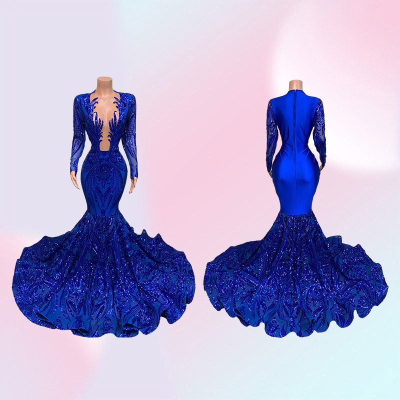 Royal Blue Mermaid Prom Dresses Sparkly Lace Sequins Long Sleeves Black Girls African Celebrity Evening Gown B0408