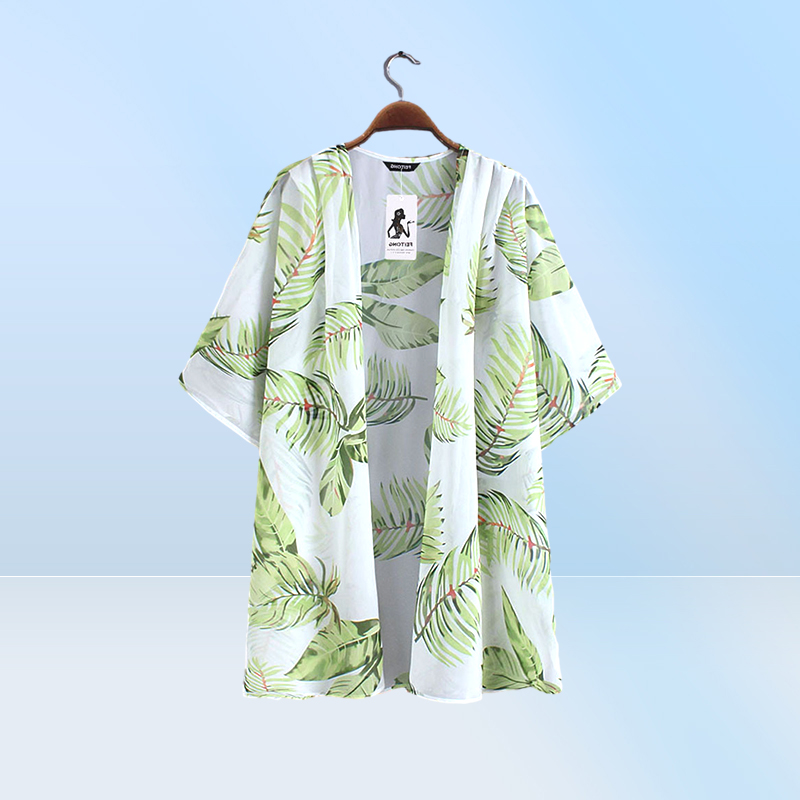 Casual Leaves Print Chiffon Kaftan Beach Cover Up Cardigan Shawl Swimwear Women Summer Swimsuit Pareos Cape Saida De Praia3858705