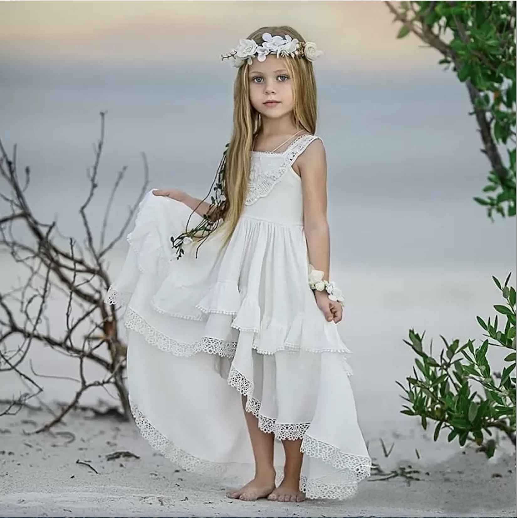 Bohemian High Low Flower Girl Dresses For Beach Wedding Pageant Gowns A Line Boho Lace Appliqued Kids First Holy Communion Dress