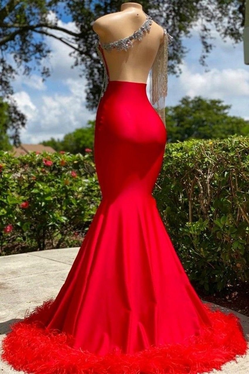 Red Prom Dresses With Tassel Sexy One Shoulder Beads Crystals Feather K Open Back Evening Party Gowns For Teens Graduation Wears Custom Made BC 0927
