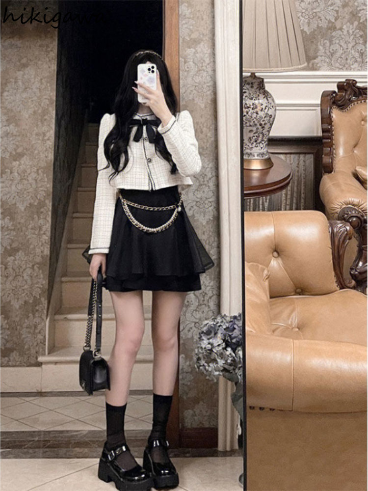 Two Piece Dress Temperament Two Piece Stes Women Ropa Mujer Bow Lang Sleeve Jackets Mini Pleated Skirt Outfits Fashion Sweet Y2k Clothes 230403