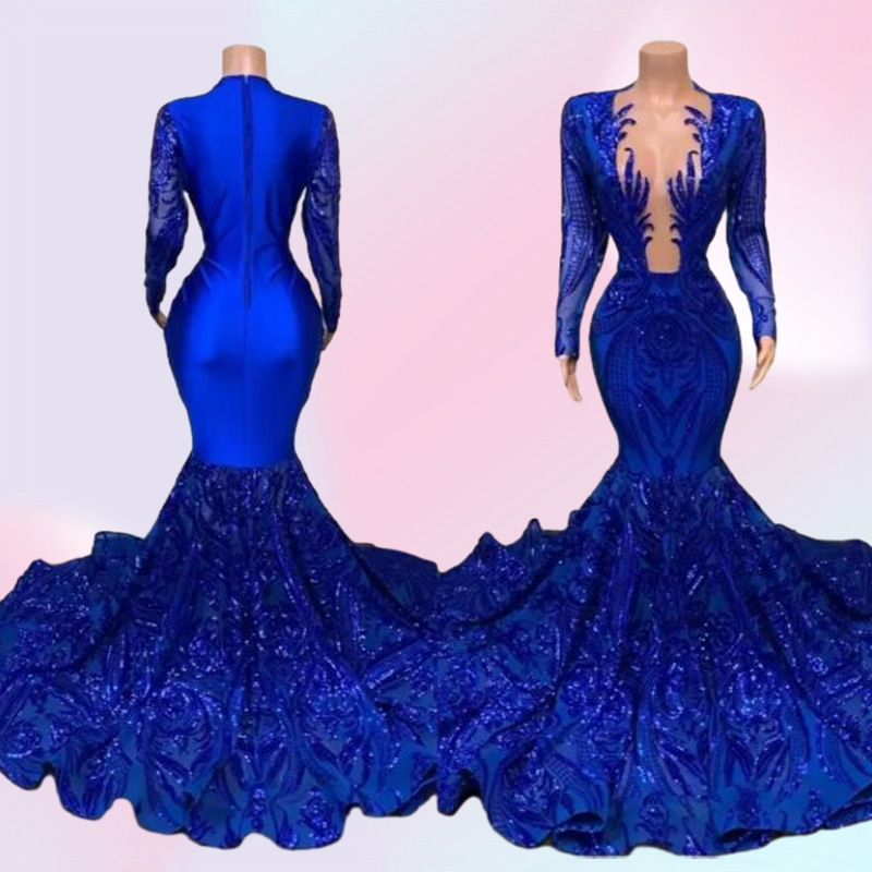 Royal Blue Mermaid Prom Dresses Sparkly Lace Sequins Long Sleeves Black Girls African Celebrity Evening Gown B0408