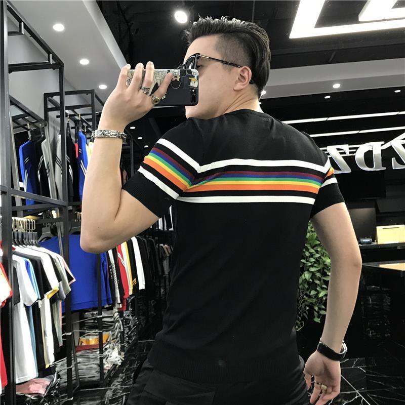 Men's T-Shirts Summer Men's Elastic T-shirt Patch Work Color Stripe Knitted T-shirt Men's Short Sleeve O-Neck Casual T-shirt 230403