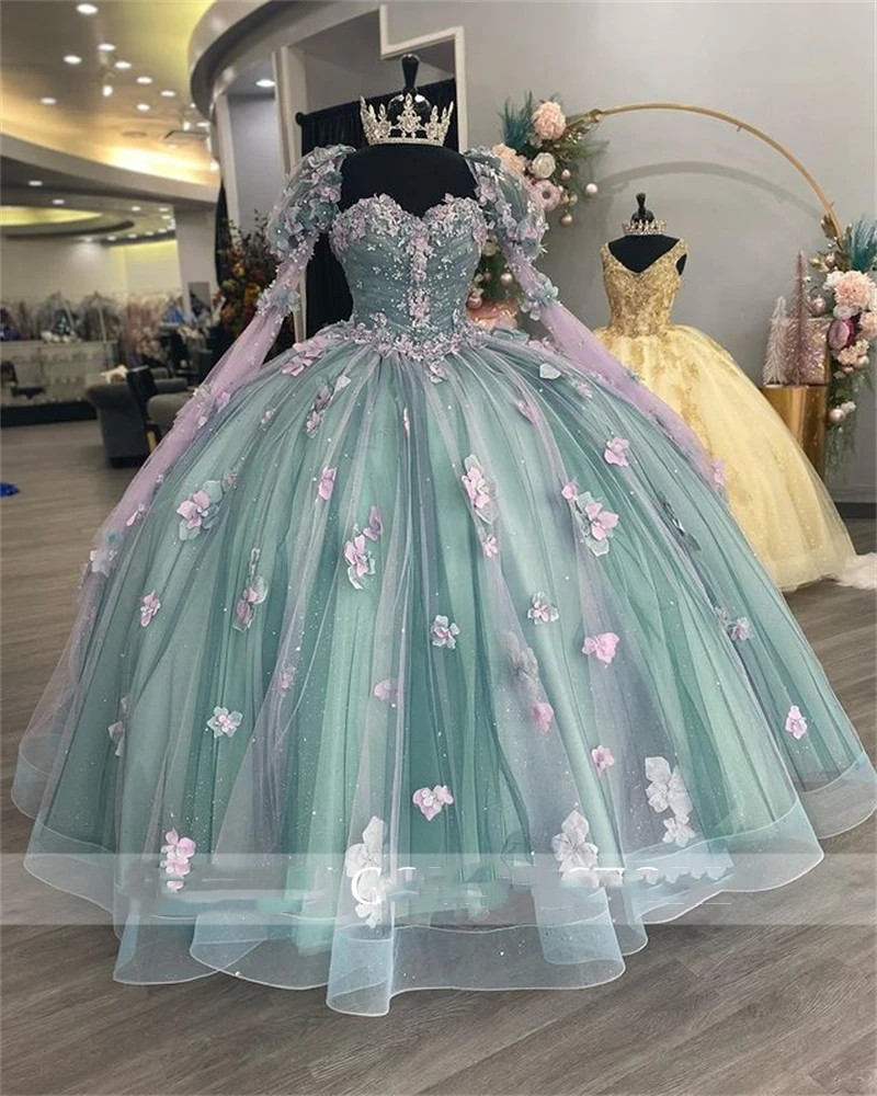 Princess Sweetheart Ball Gown Quinceanera Dresses Beaded Celebrity Party Gowns D Flowers Graduation Lantern Sleeve Vestido De S