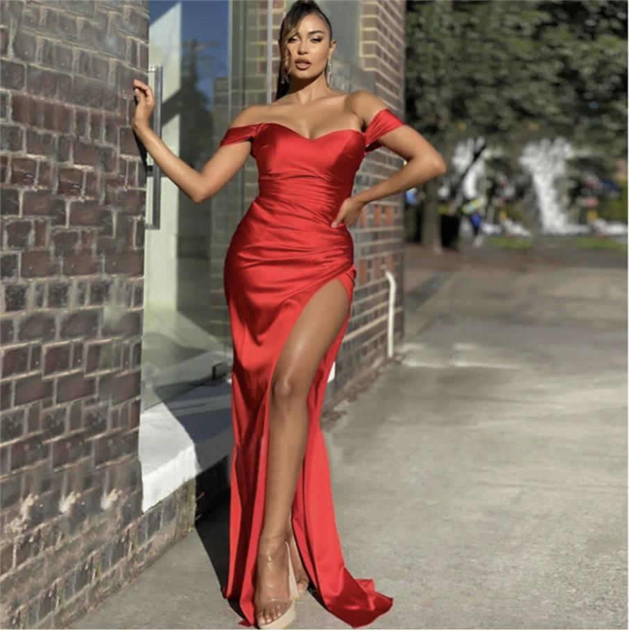 Off-Shoulder Mermaid Evening Dresses Formal Prom Party Gown Floor-Length Sweep Train Satin long Thigh-High Slits Red Custom