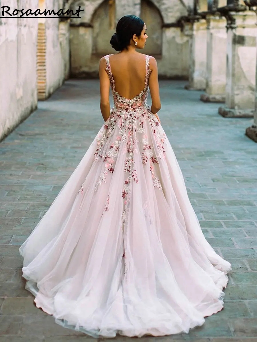 Colorful Wedding Dresses Lace Backless A-E V-Neck Sleeveless Country Bridal Gowns 6660312