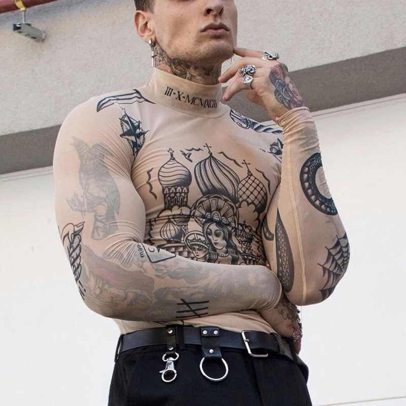 Men s T Shirts Y2K Men T Shirt Streetwear Spring Autumn Fashion Pattern Print Slim Fit Tees For Mens Trend Long Sleeve Turtleneck Pullover Tops 230403