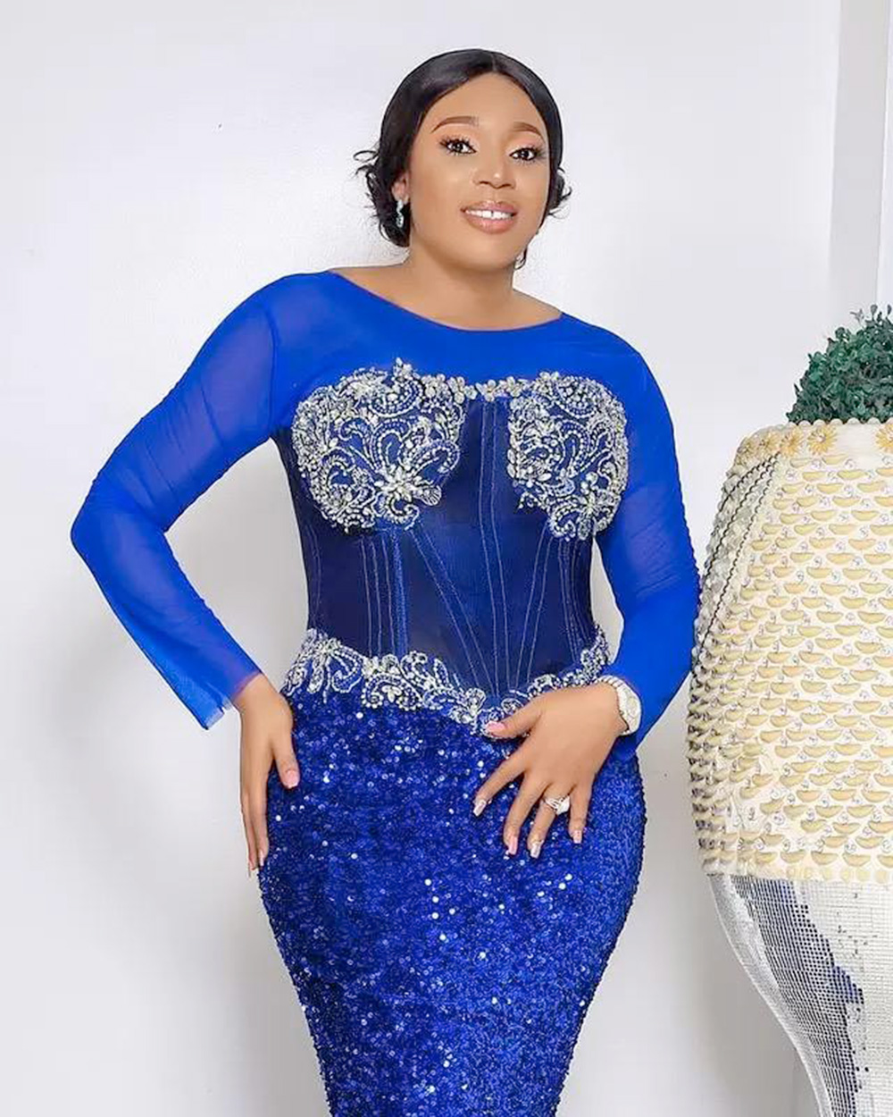Royal Blue Mermaid Evening Dresses Formal Prom Party Gown Scoop Long Sleeve Floor-Length Applique Beaded Sequined long Zipper Plus Size
