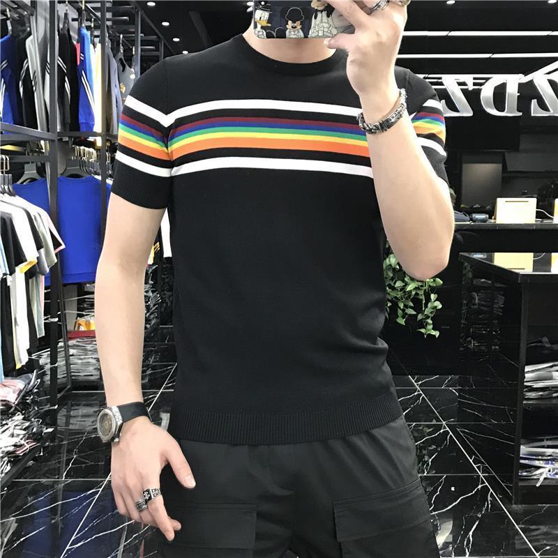Men's T-Shirts Summer Men's Elastic T-shirt Patch Work Color Stripe Knitted T-shirt Men's Short Sleeve O-Neck Casual T-shirt 230403