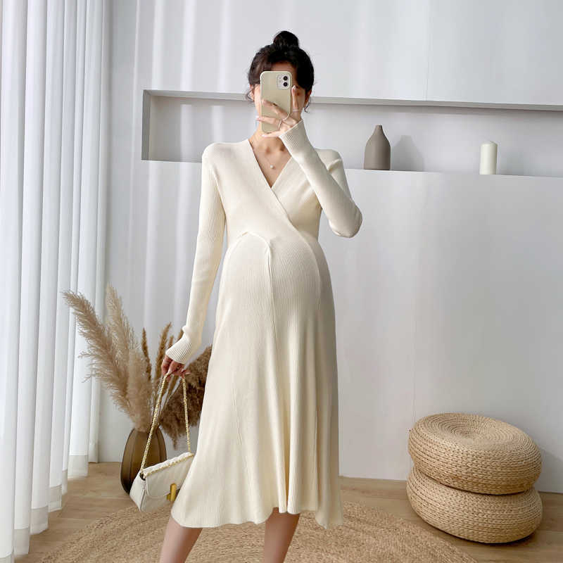 Maternity Dresses 204# Autumn Winter Dense Knitted Maternity Sweaters Dress Elegant V Neck A Line Slim Clothes for Pregnant Women Pregnancy Ins Z0403