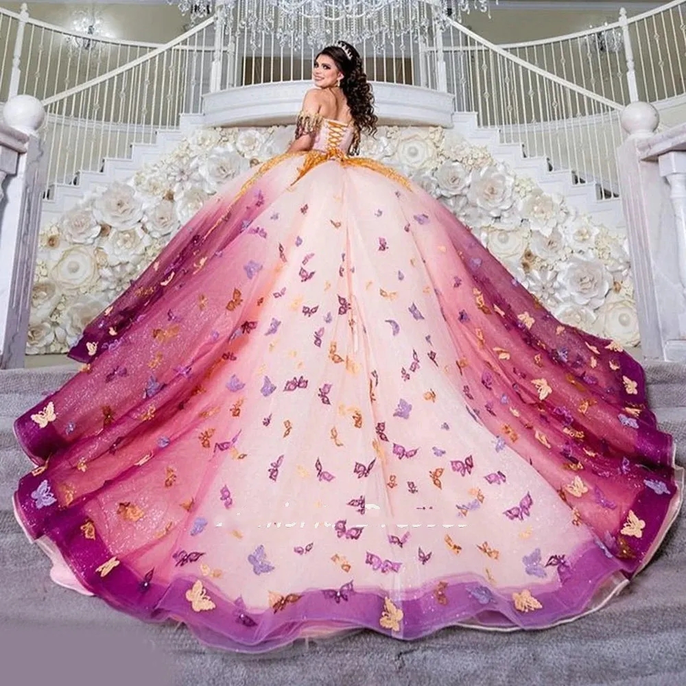3D Colorful Butterfly Quinceanera Dresses Ball Gown 2024 Off The Shoulder Lace Sweet 16 Vestidos De 15 Anos 0212D