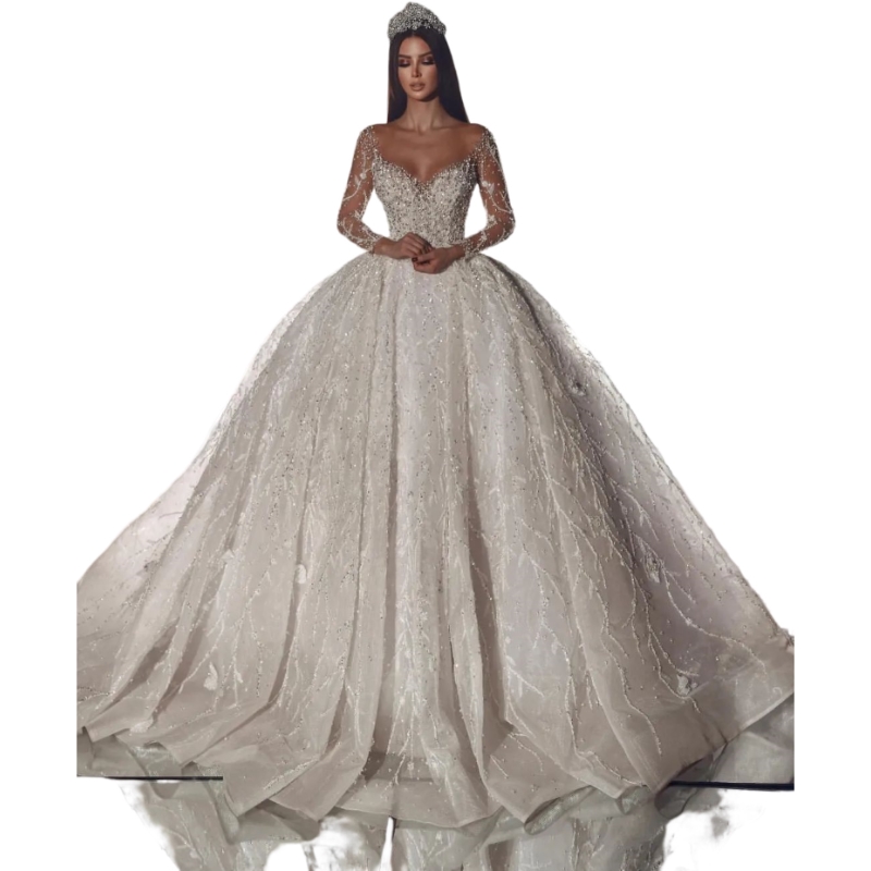 Vintage Ball Gown Dresses Sequins Beads Illusion Long Sleeves Wedding Dress Sweep Train Bridal Gowns 0515