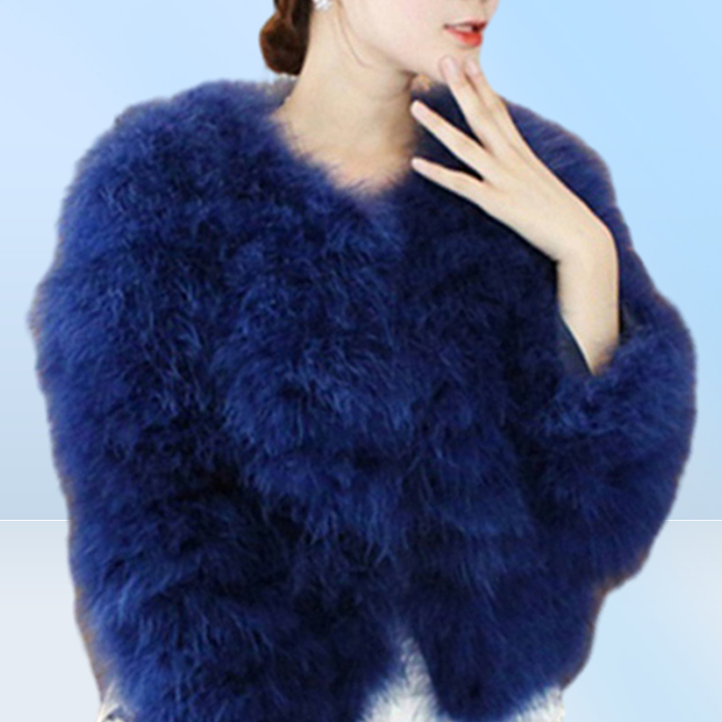 Luxury Warm Ladies Coat Ostrich Hair Fur Coat Women Short Turkey Feather Jacket Winter Long Sleeve Overcoat WhiteBlackBlue