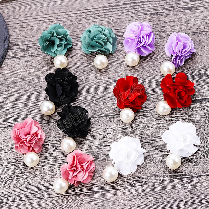 Elegant Colorful Fluffy Fabric Flower Dangle Earrings for Women Trendy Pearl Pendant Earring 2023 Fashion Jewelry Accessories Gift