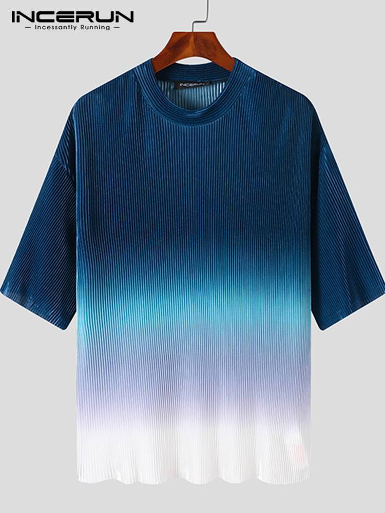 Men's T-Shirts INCERUN Fashion Men's T-Shirt O-Neck Half Sleeve Tie Dye Gradual Relaxed Men's Clothing Folding Casual Camisetas S-5XL 2
