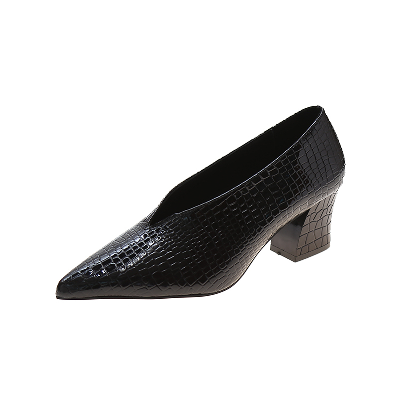 Dress Pointy V-neck Patent-leather Women High Heels New Spring Versatile Retro Chunky Single Shoes atos De Mujer Black 230403