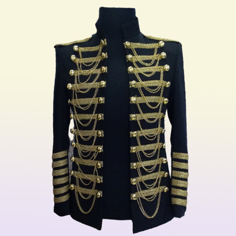 Men Court Jacket Singer Dancer Sequins Metal Chains Military Uniform male Stand Collar Stage Blazer Prom Party Shining Coat Bar Star Concert Nightcb C