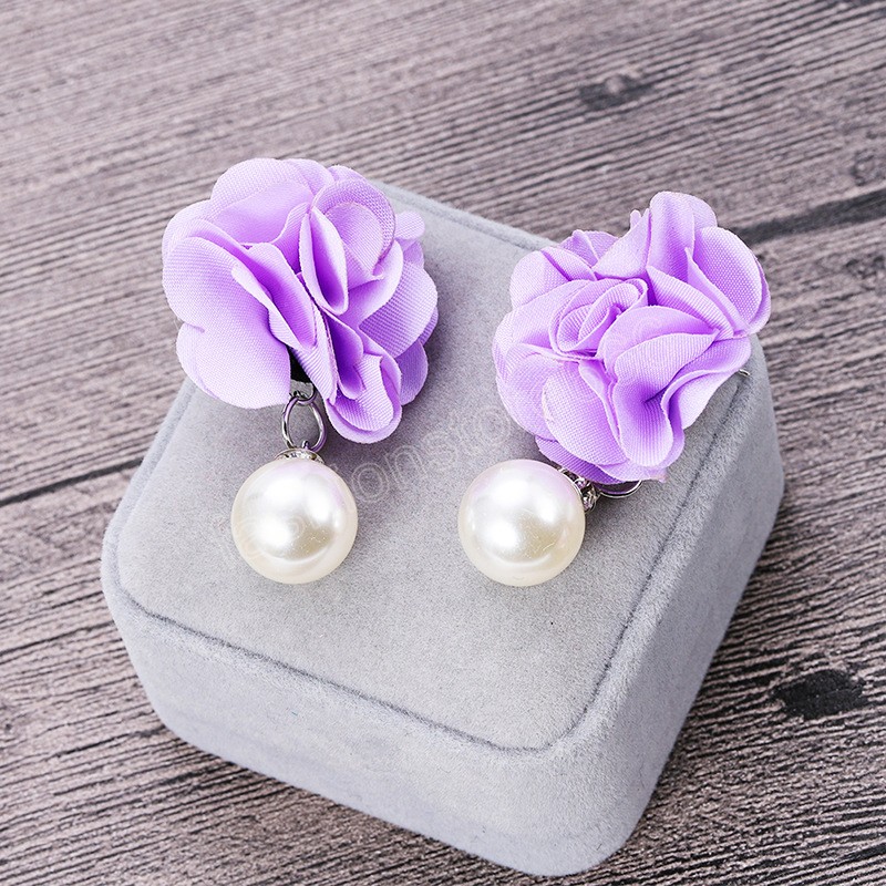 Elegant Colorful Fluffy Fabric Flower Dangle Earrings for Women Trendy Pearl Pendant Earring 2023 Fashion Jewelry Accessories Gift