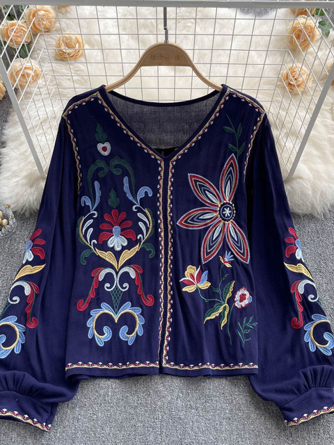 Women s Blouses Shirts Bohemian Blouse Embroidered Top Spring Summer V neck Loose Lantern Sleeves Ethnic Cotton Linen Shirt Female Blusa D1105 230403