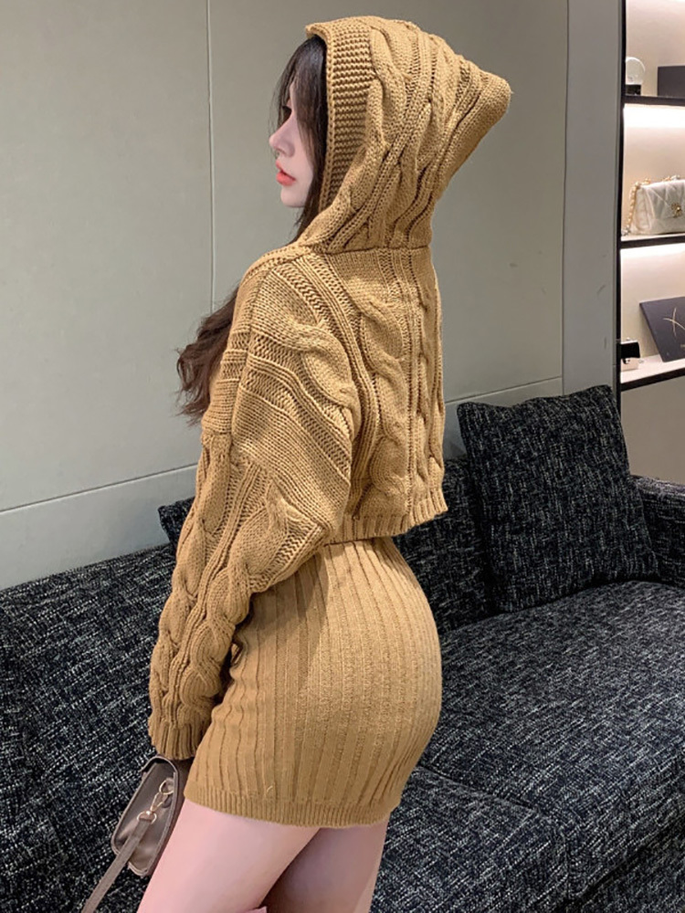 Two Piece Dress HELIAR Women Ribbed Skirts Sets Knitted Hooded Sweater And High Waist Bodycon Skirt Two Pieces Sets Women Autumn Winter 230403