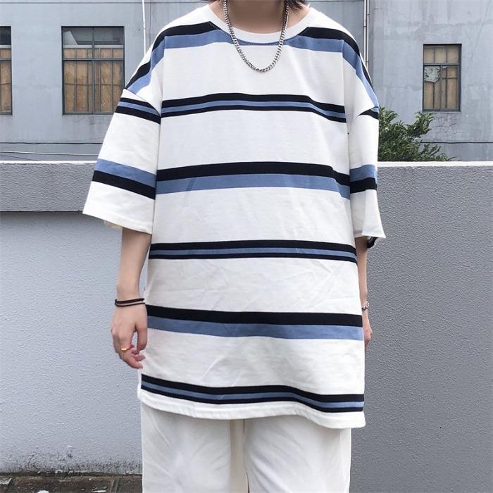 Men's T-Shirts Black Stripe T-shirt Boys Summer Punk T-shirt Boys Japanese Cool Clothing Casual Punk Clothing Loose Hip Hop Gothic Men's T-S