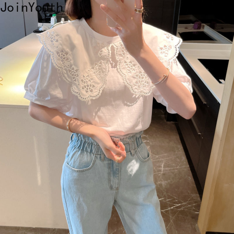 Women's T-Shirt White Shirts for Women Chic Hollow Out Peter Pan Collar Sweet Tshirt Oversized Fashion Loose Tops Y2k Clothes Korean T Shirt 2304
