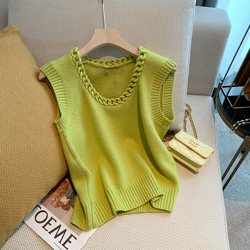 Women's Vests Korean Fashion Knitted Sweater Tank Top Women's Sleeveless Round Neck Women's Fashion Drawn Top Elegant Retro Women'