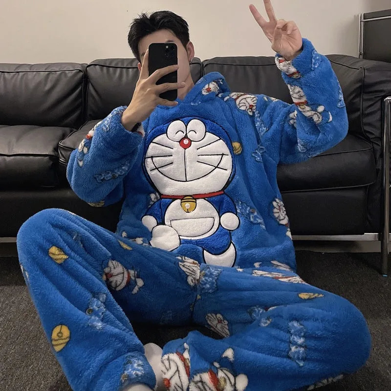 Men's Sleepwear 2023 Autumn Winter Coral Plush Thickened Loungewear Cartoon Enlarged Size Student Warm Homewear Set 231102Z