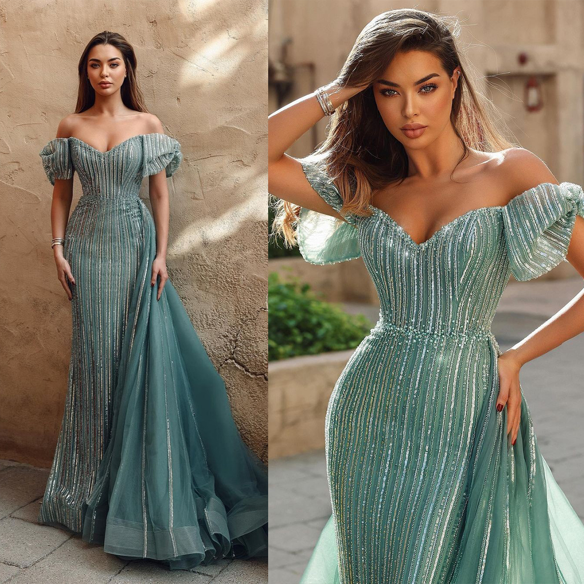 Brilliant Mermaid Prom Dresses Off The Should Stripe Sequined Little Beads On Tulle Floor Length Custom Made Party Dress Vestido De Noite